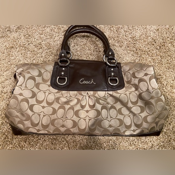 COACH Tan/Brown Ashley Signature Satin Satchel 2WAY Convertible Detachable Strap - Picture 8 of 14